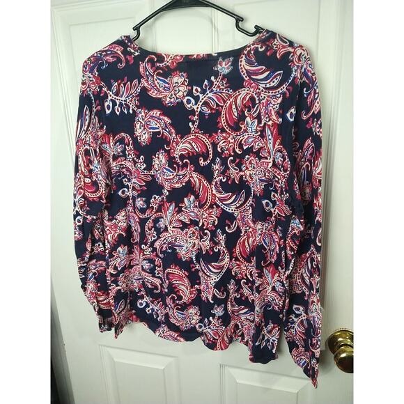 Talbots Sweater Women LP Dark Blue Pink Paisley Knit Stretch Lightweight Top - Picture 8 of 8